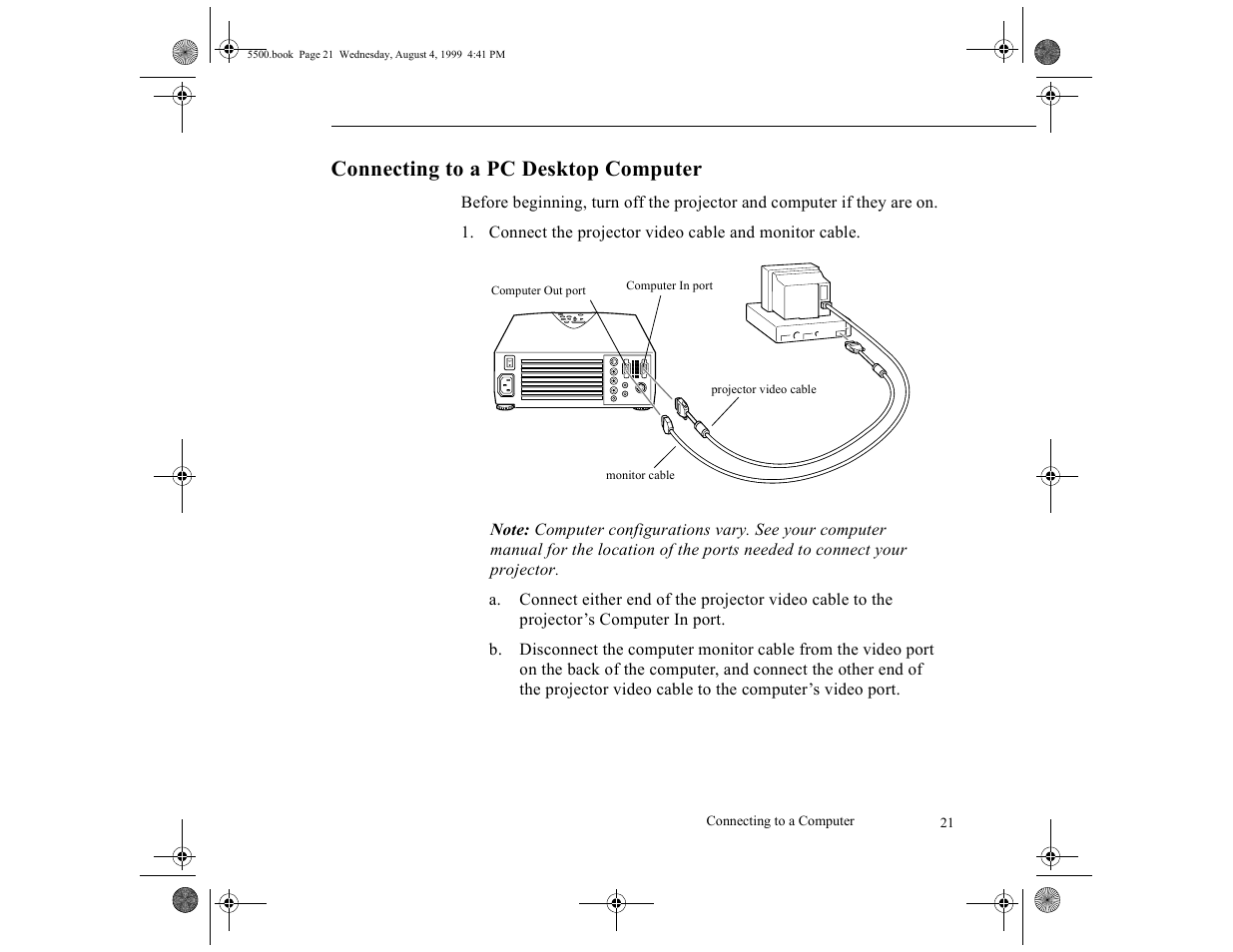 Connecting to a pc desktop computer | Epson 5500C User Manual | Page 30 / 156