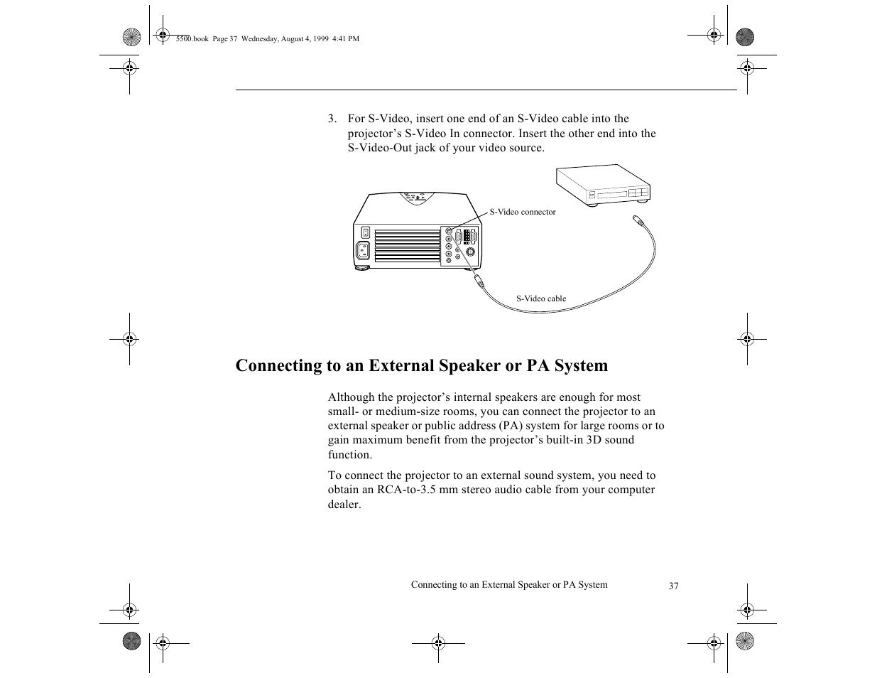 Connecting to an external speaker or pa system | Epson 5500C User Manual | Page 46 / 156