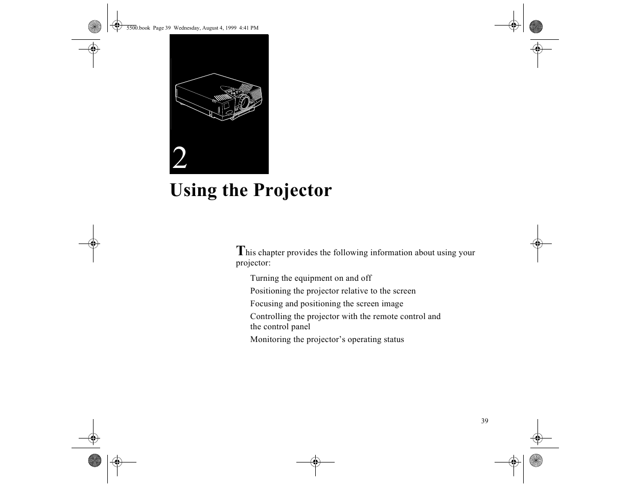 Chap 2-using the projector, Using the projector | Epson 5500C User Manual | Page 48 / 156