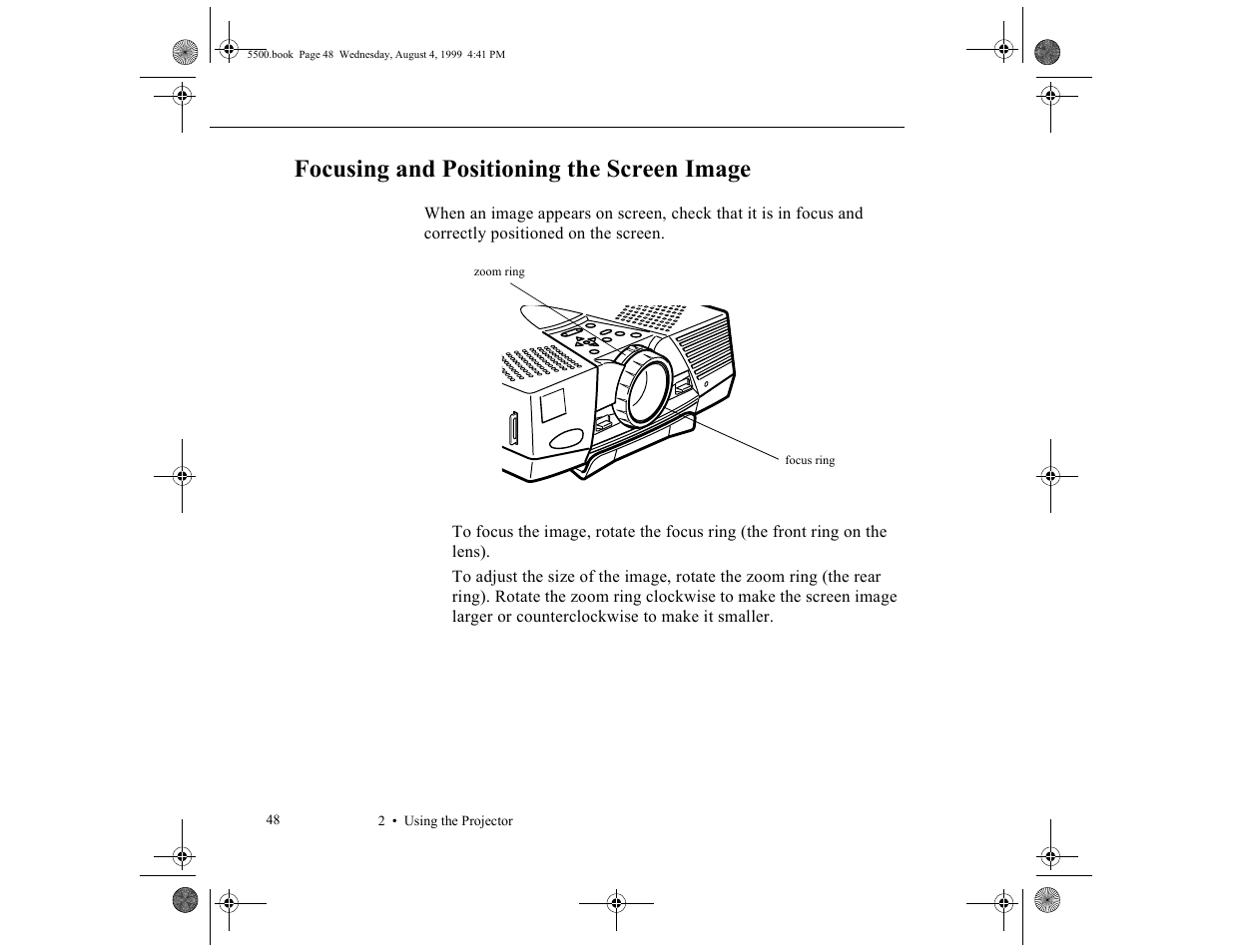 Focusing and positioning the screen image | Epson 5500C User Manual | Page 57 / 156