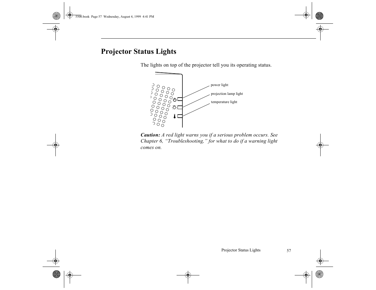 Projector status lights | Epson 5500C User Manual | Page 66 / 156