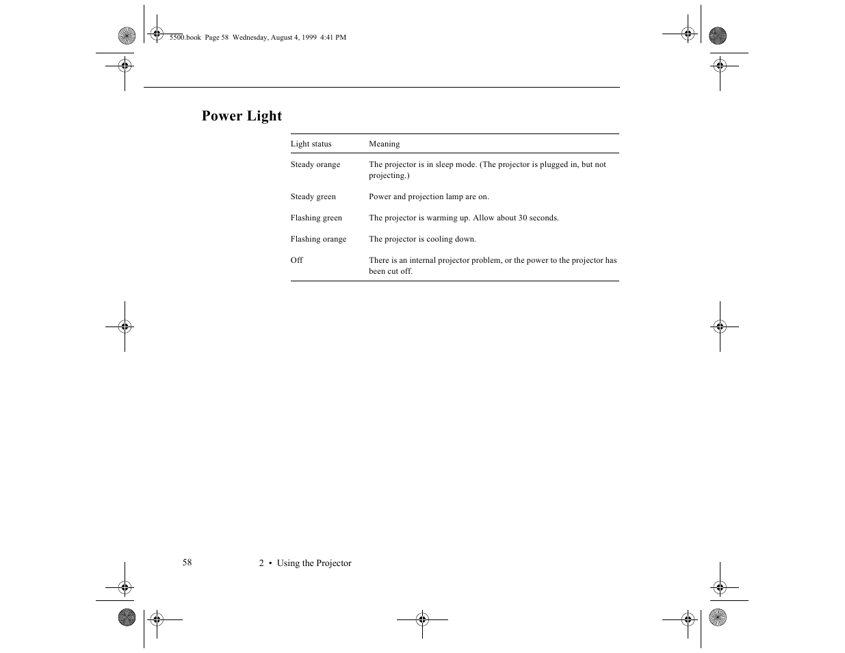 Power light | Epson 5500C User Manual | Page 67 / 156