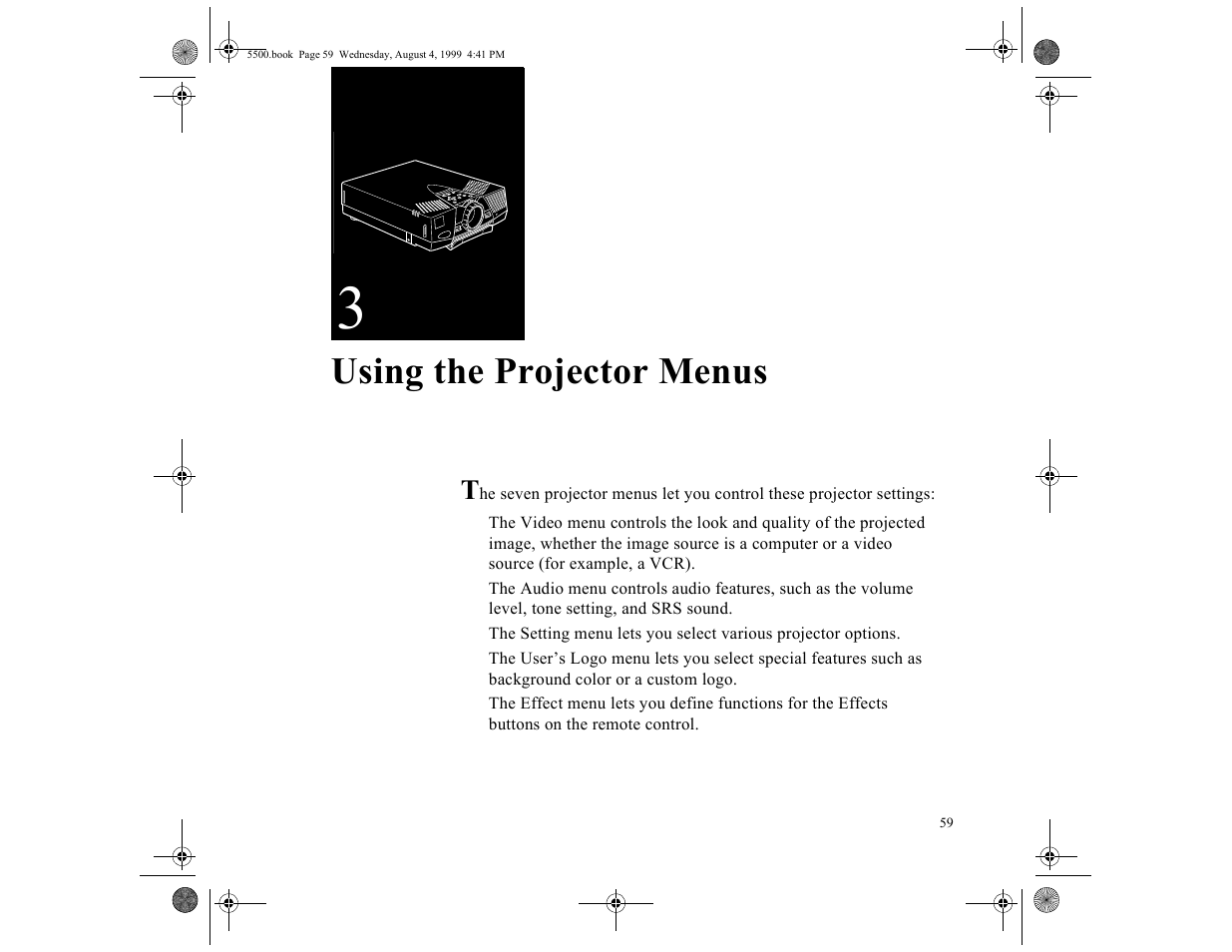 Chap 3-using the projector menus, Using the projector menus | Epson 5500C User Manual | Page 69 / 156