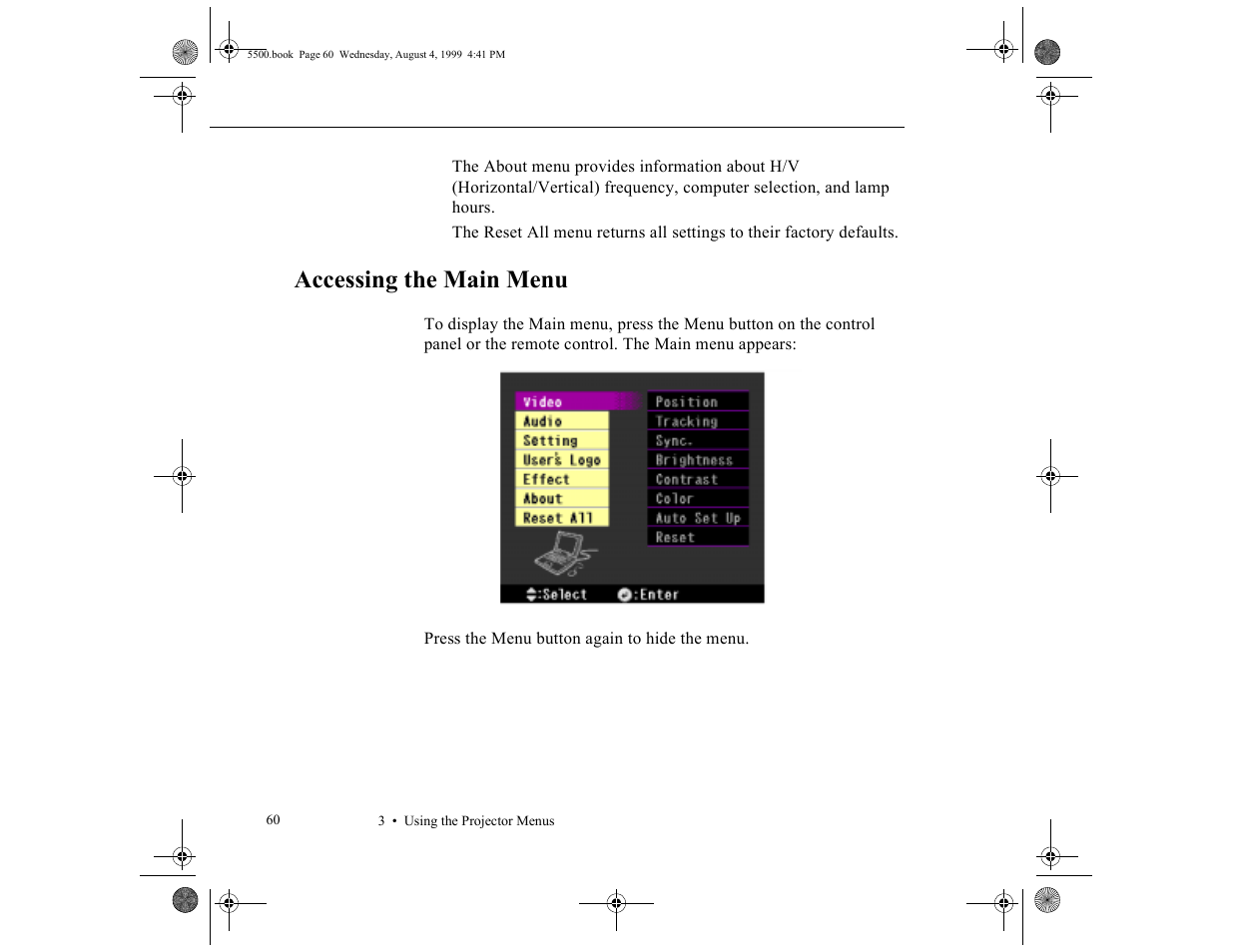 Accessing the main menu | Epson 5500C User Manual | Page 70 / 156