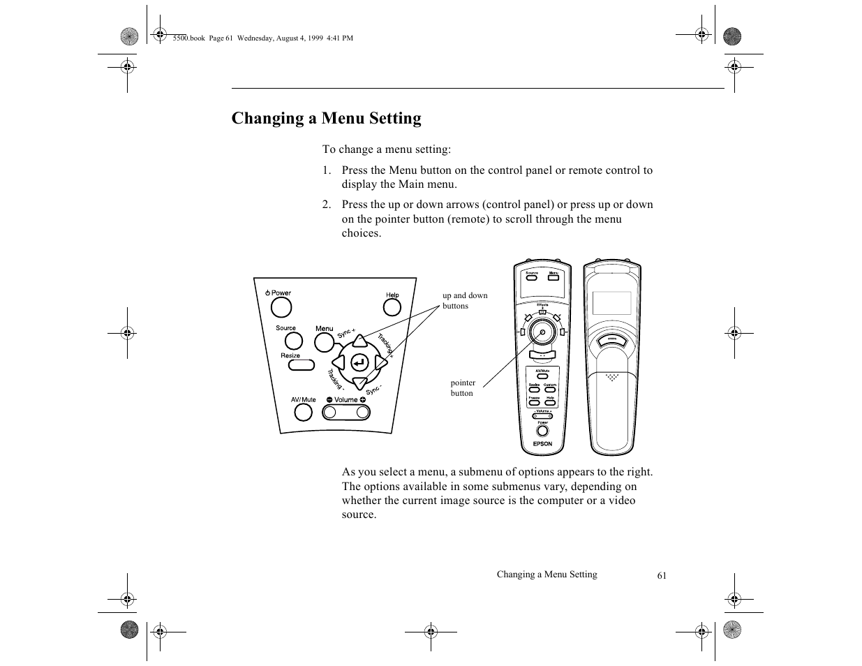 Changing a menu setting | Epson 5500C User Manual | Page 71 / 156