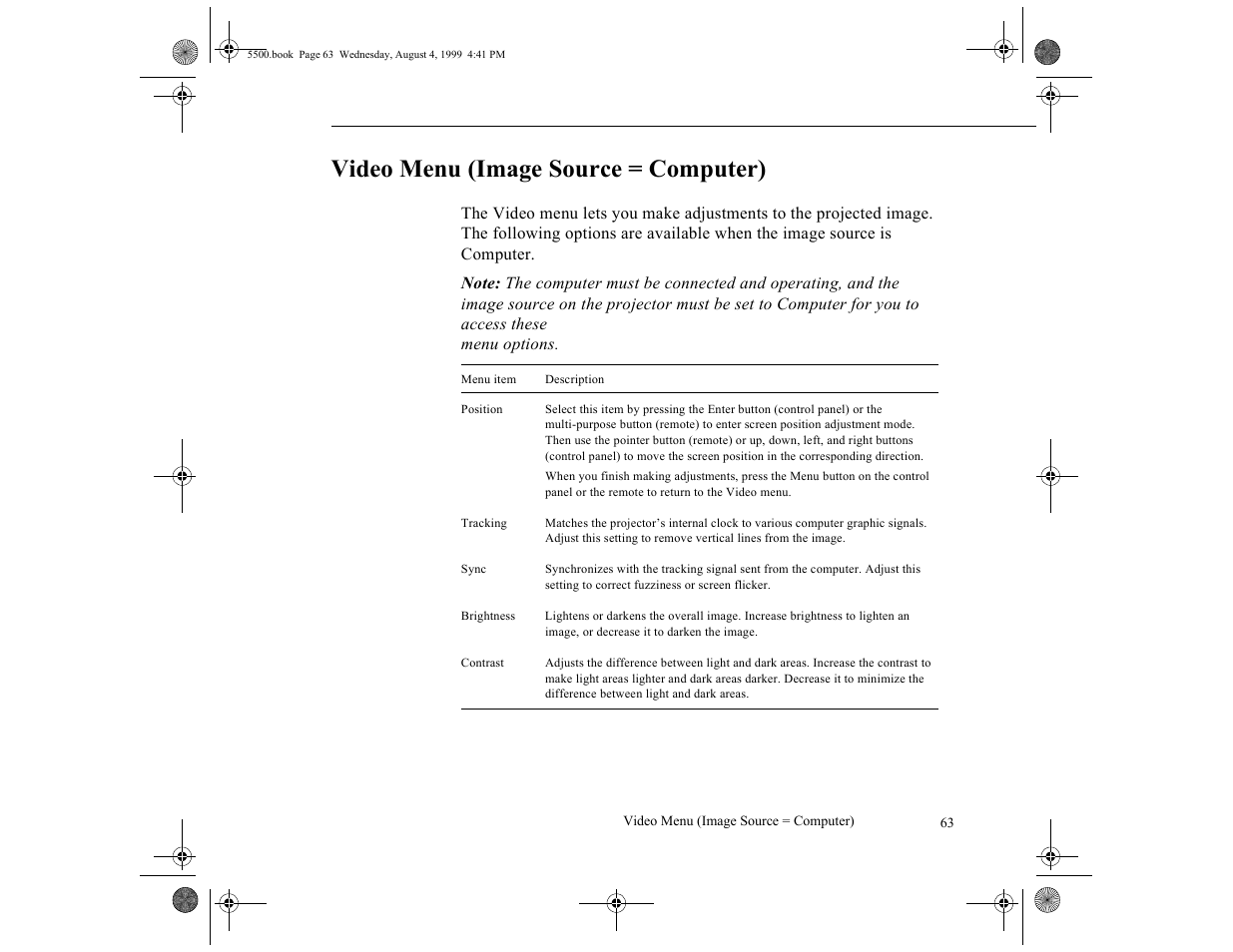 Video menu (image source = computer) | Epson 5500C User Manual | Page 73 / 156