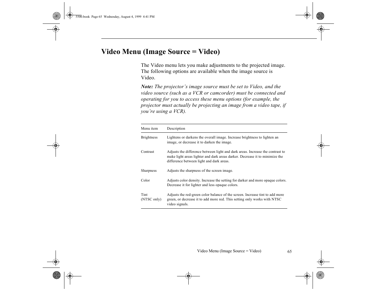 Video menu (image source = video) | Epson 5500C User Manual | Page 75 / 156
