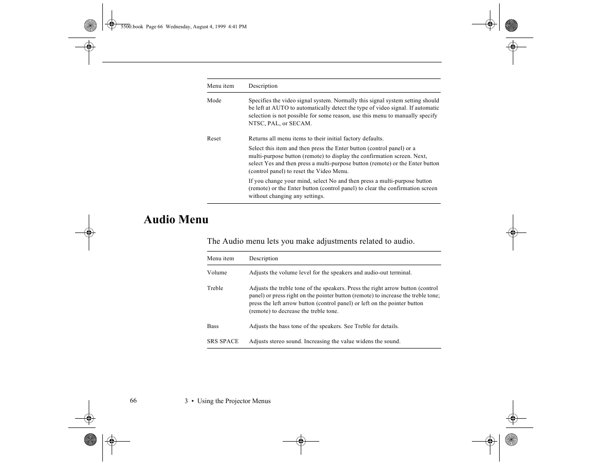 Audio menu | Epson 5500C User Manual | Page 76 / 156