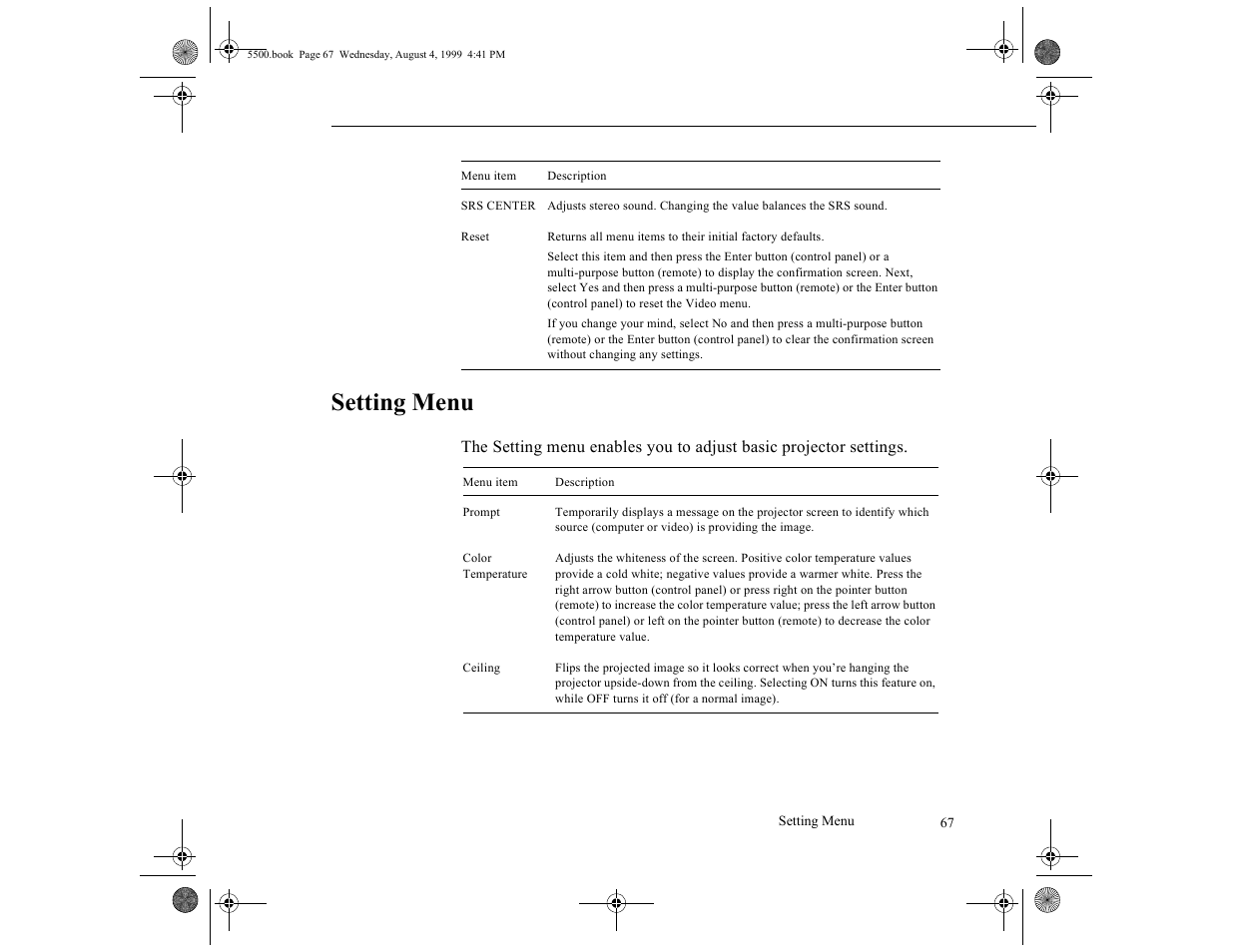Setting menu | Epson 5500C User Manual | Page 77 / 156