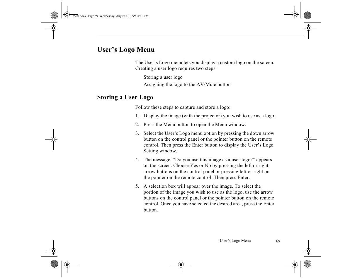 User’s logo menu, Storing a user logo | Epson 5500C User Manual | Page 79 / 156