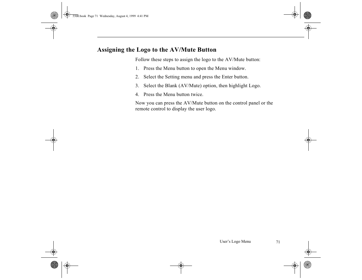 Assigning the logo to the av/ mute button, Assigning the logo to the av/mute button | Epson 5500C User Manual | Page 81 / 156