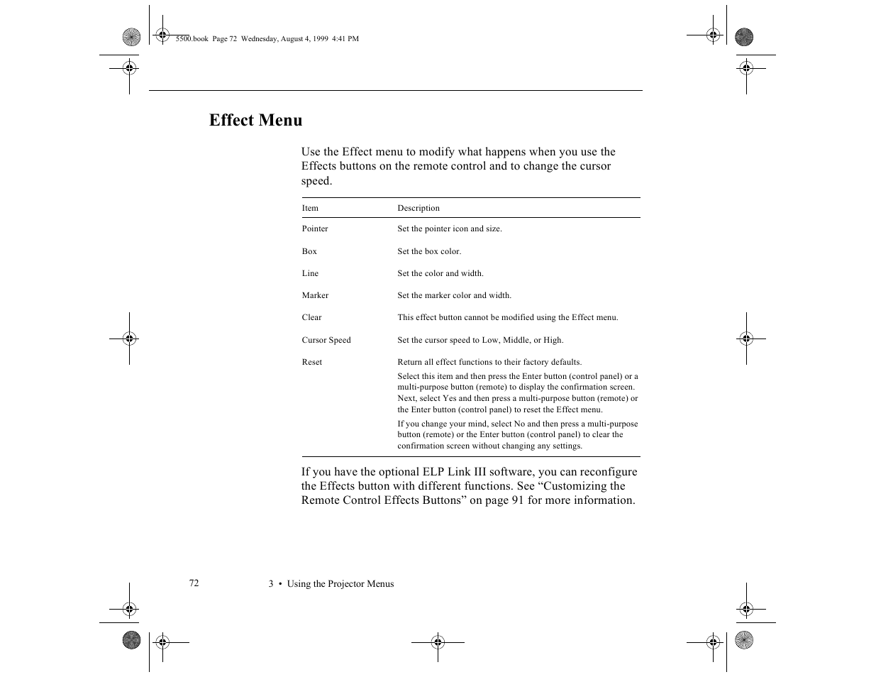 Effect menu | Epson 5500C User Manual | Page 82 / 156