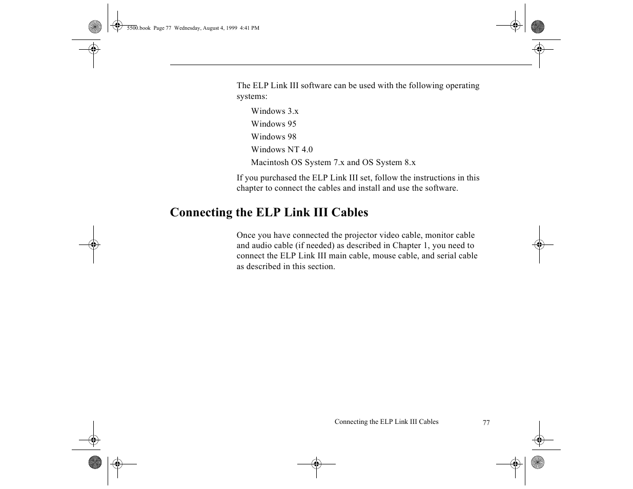 Connecting the elp link iii cables | Epson 5500C User Manual | Page 87 / 156
