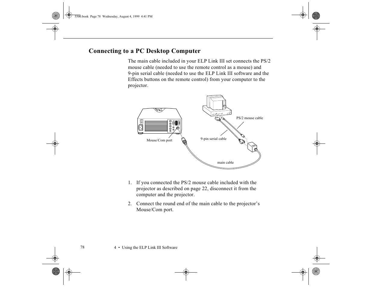 Connecting to a pc desktop computer | Epson 5500C User Manual | Page 88 / 156