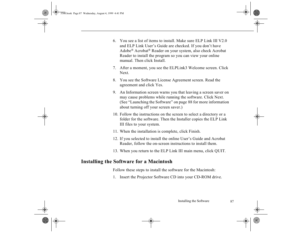 Installing the software for a macintosh | Epson 5500C User Manual | Page 97 / 156