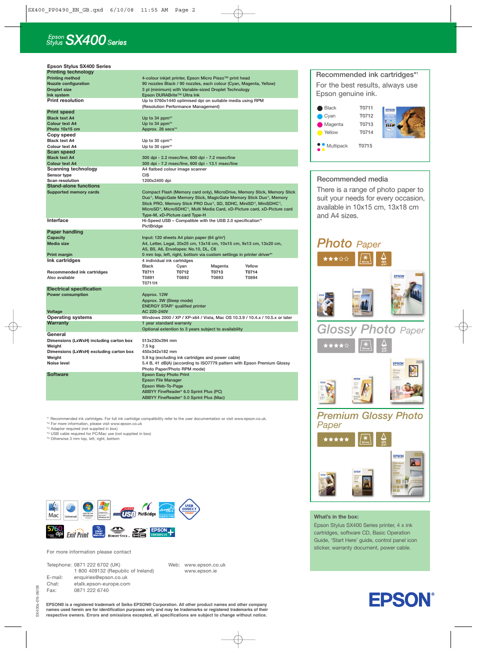 Photo, Glossy photo, Premium glossy photo | Paper, Recommended ink cartridges, For the best results, always use epson genuine ink | Epson Stylus  SX400 series User Manual | Page 2 / 2