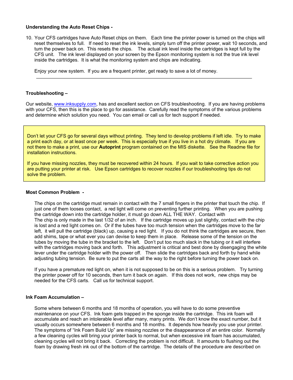 Troubleshooting, Most common problem, Ink foam accumulation | Epson 890 User Manual | Page 4 / 5