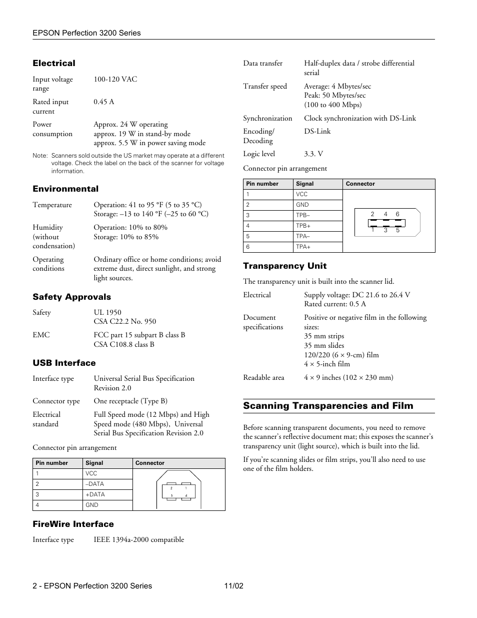 Electrical, Environmental, Safety approvals | Usb interface, Firewire interface, Transparency unit, Scanning transparencies and film | Epson Perfection 3200 Series - 1 User Manual | Page 2 / 6