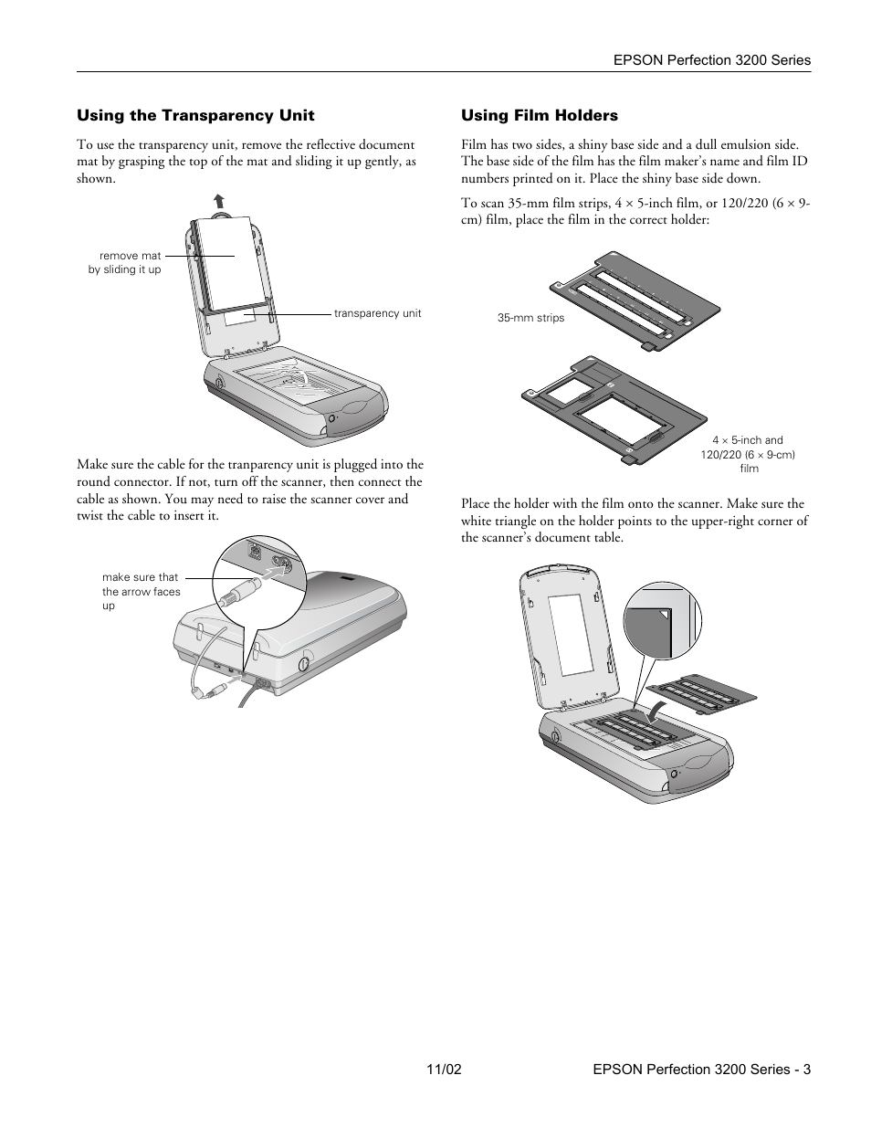 Using the transparency unit, Using film holders | Epson Perfection 3200 Series - 1 User Manual | Page 3 / 6