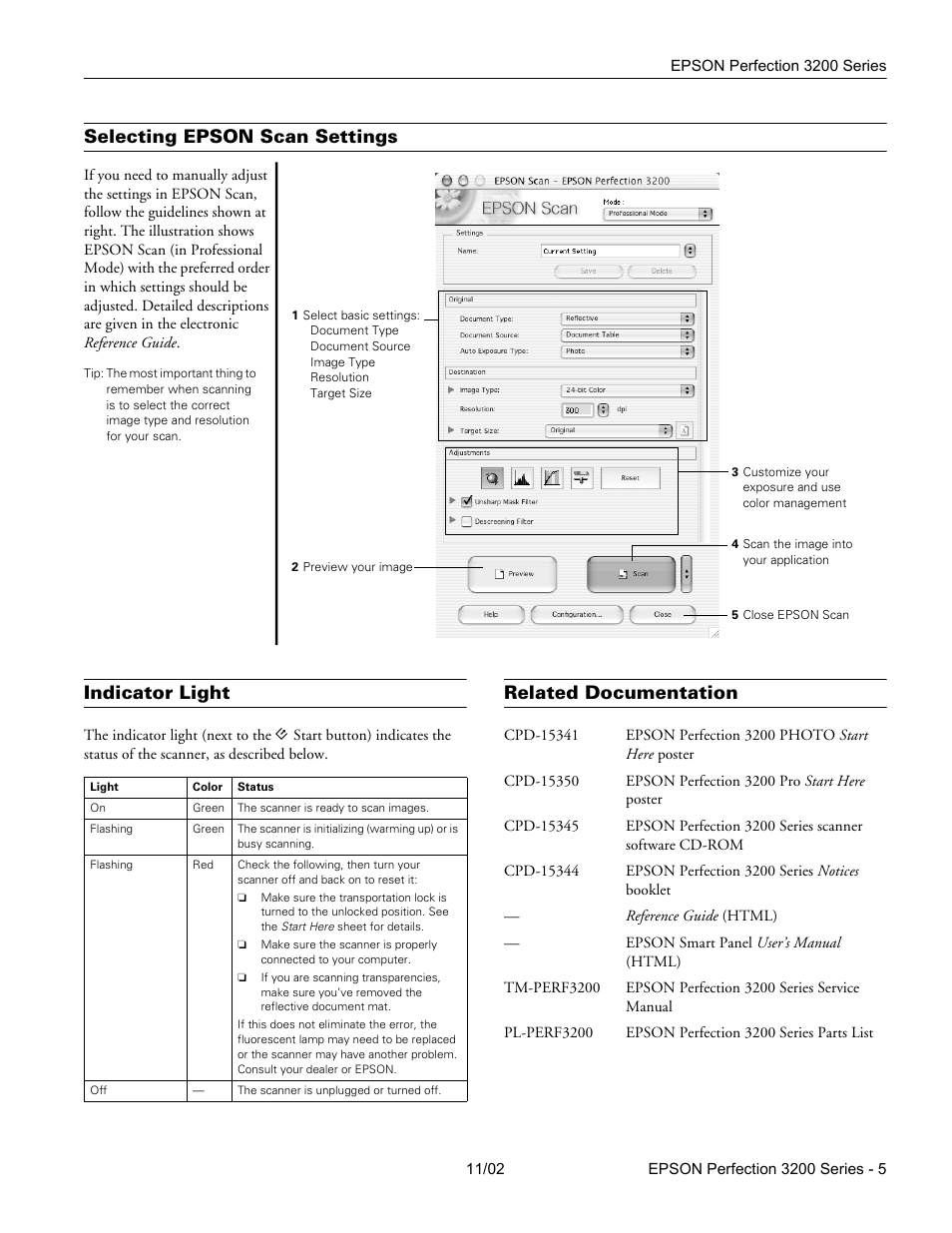 Selecting epson scan settings, Indicator light, Related documentation | Epson Perfection 3200 Series - 1 User Manual | Page 5 / 6