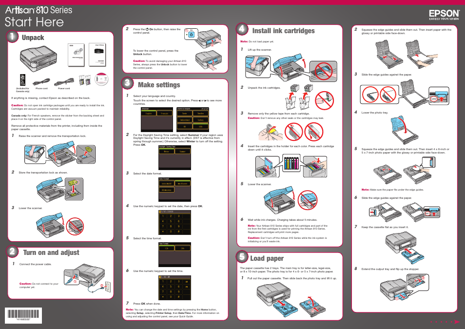 Make settings, Start here, Series | Unpack, Load paper install ink cartridges, Turn on and adjust | Epson Artisan 810 Series User Manual | Page 2 / 8