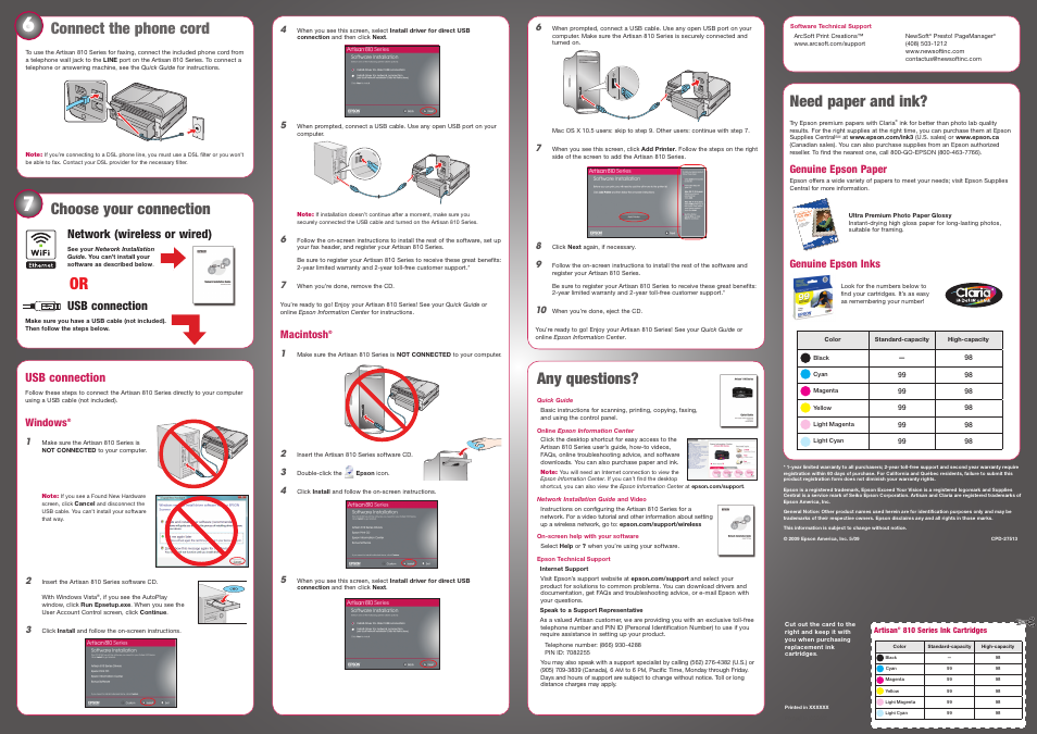 Connect the phone cord, Choose your connection, Network (wwireless or wired) | Usb connection, Windows, Any questions, Need paper and ink, Network (wireless or wired), Macintosh, Genuine epson paper | Epson Artisan 810 Series User Manual | Page 5 / 8