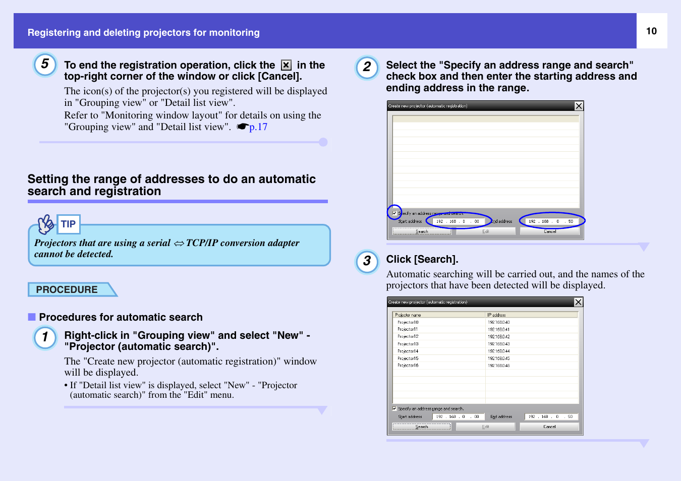 And registration, Procedures for automatic search, P.10 | Epson V4.22 User Manual | Page 11 / 36