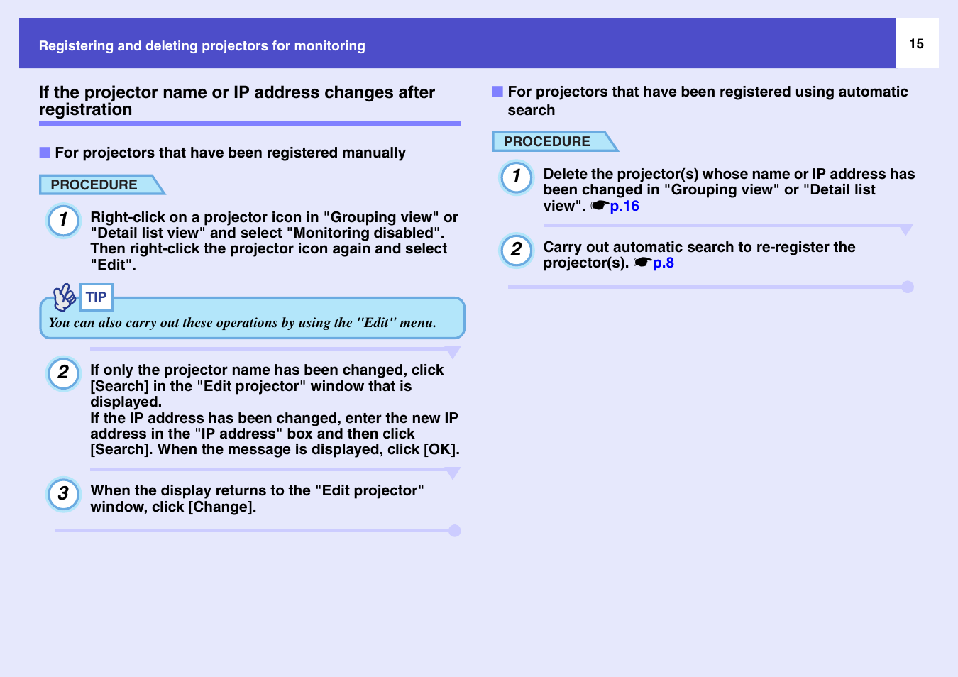 If the projector name or ip address changes, After registration, For projectors that have been registered manually | For projectors that have been registered using, Automatic search | Epson V4.22 User Manual | Page 16 / 36