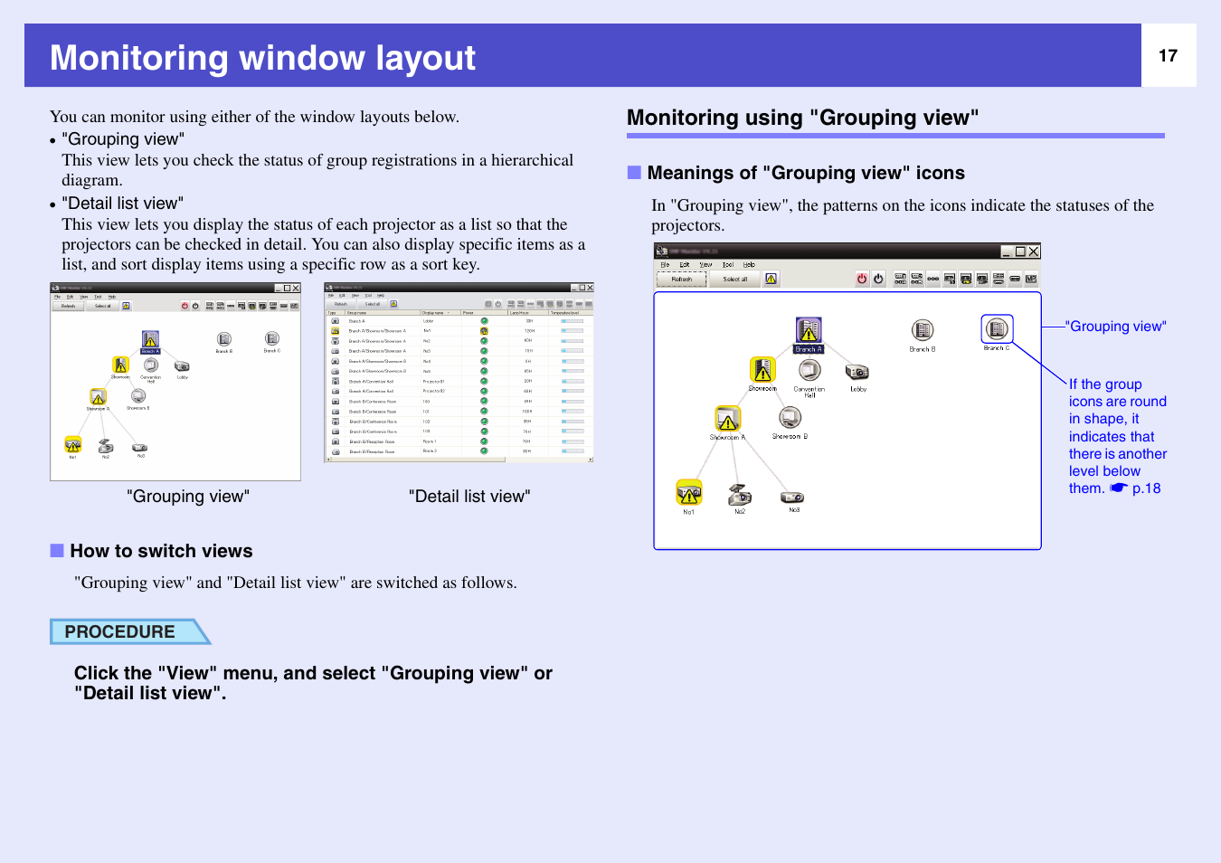 Monitoring window layout, Monitoring using "grouping view, How to switch views | Meanings of "grouping view" icons, P.17 | Epson V4.22 User Manual | Page 18 / 36