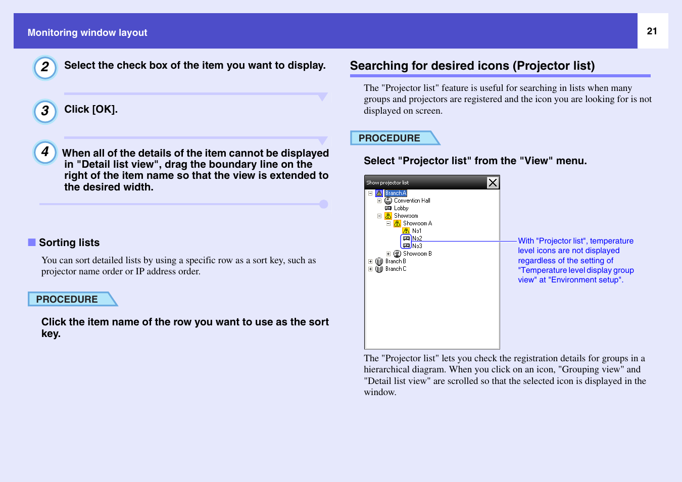 Searching for desired icons (projector list), Sorting lists | Epson V4.22 User Manual | Page 22 / 36