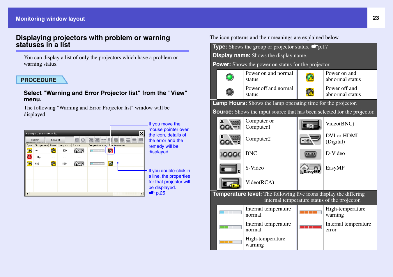Displaying projectors with problem or warning, Statuses in a list, P.23 | Epson V4.22 User Manual | Page 24 / 36