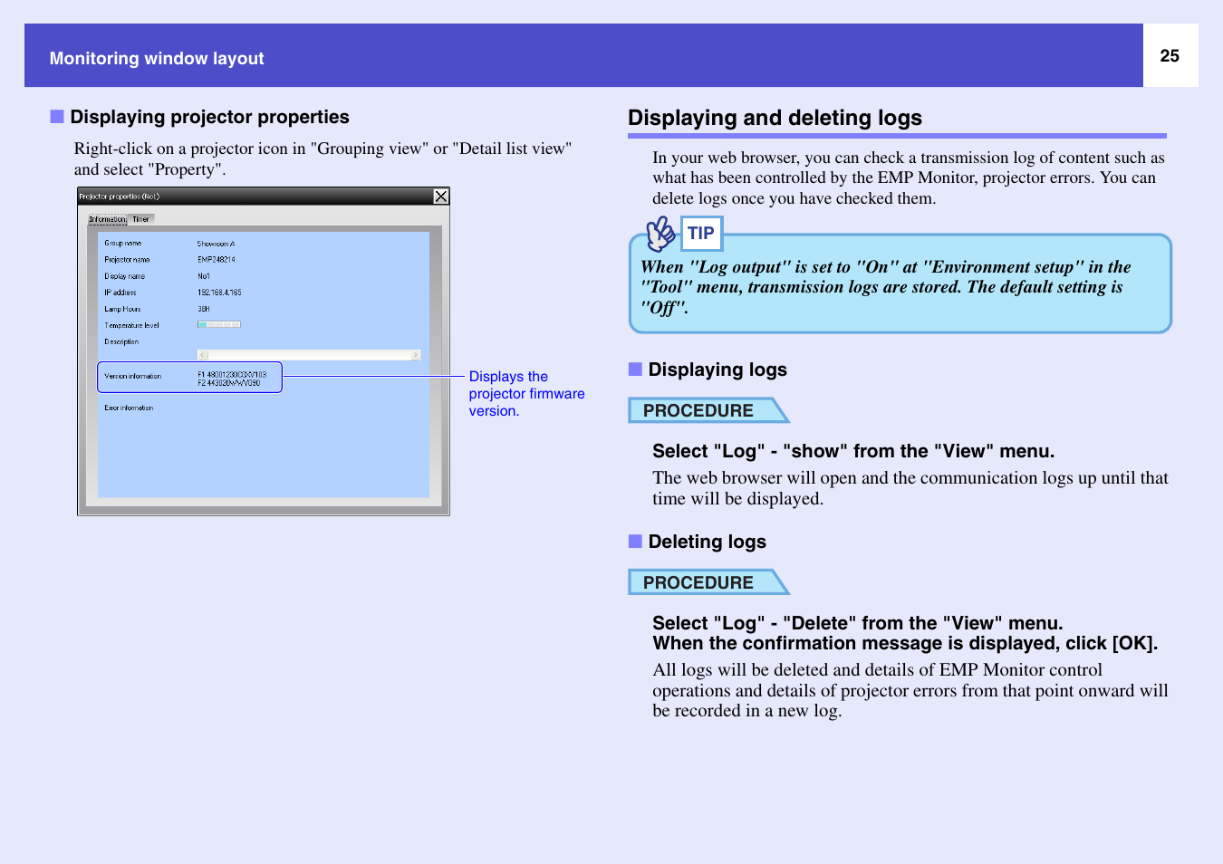 Displaying and deleting logs, Displaying projector properties, Displaying logs | Deleting logs | Epson V4.22 User Manual | Page 26 / 36