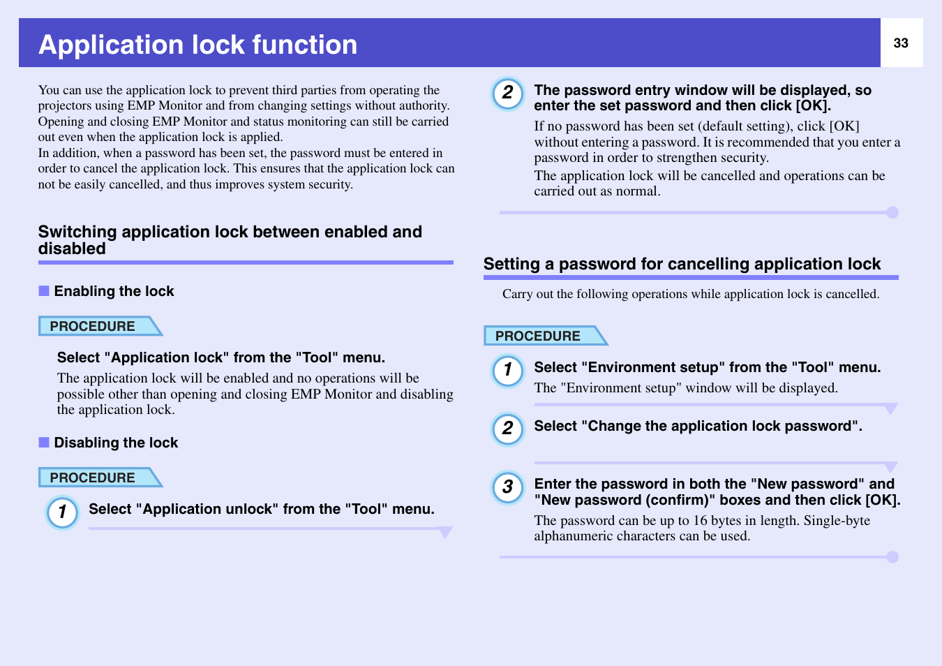 Application lock function, Setting a password for cancelling application lock, Enabling the lock | Disabling the lock | Epson V4.22 User Manual | Page 34 / 36