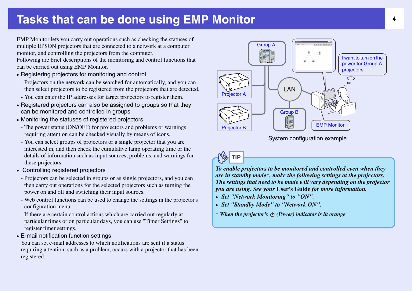 Tasks that can be done using emp monitor | Epson V4.22 User Manual | Page 5 / 36