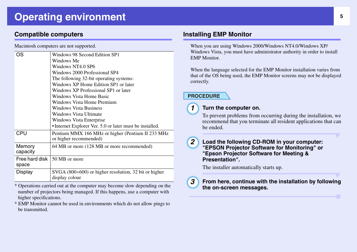 Operating environment, Compatible computers, Installing emp monitor | Epson V4.22 User Manual | Page 6 / 36