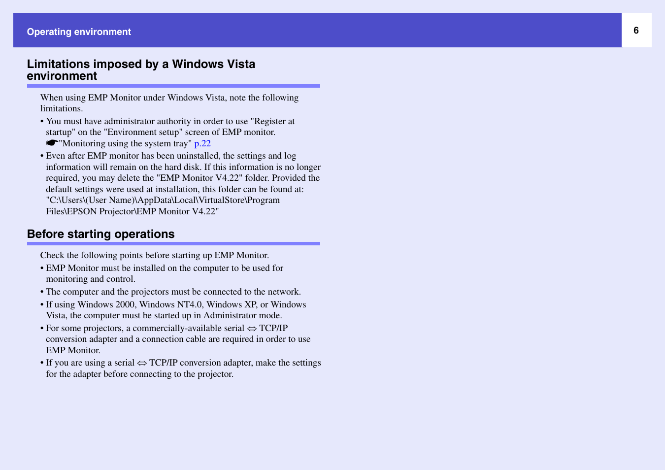 Limitations imposed by a windows vista environment, Before starting operations | Epson V4.22 User Manual | Page 7 / 36