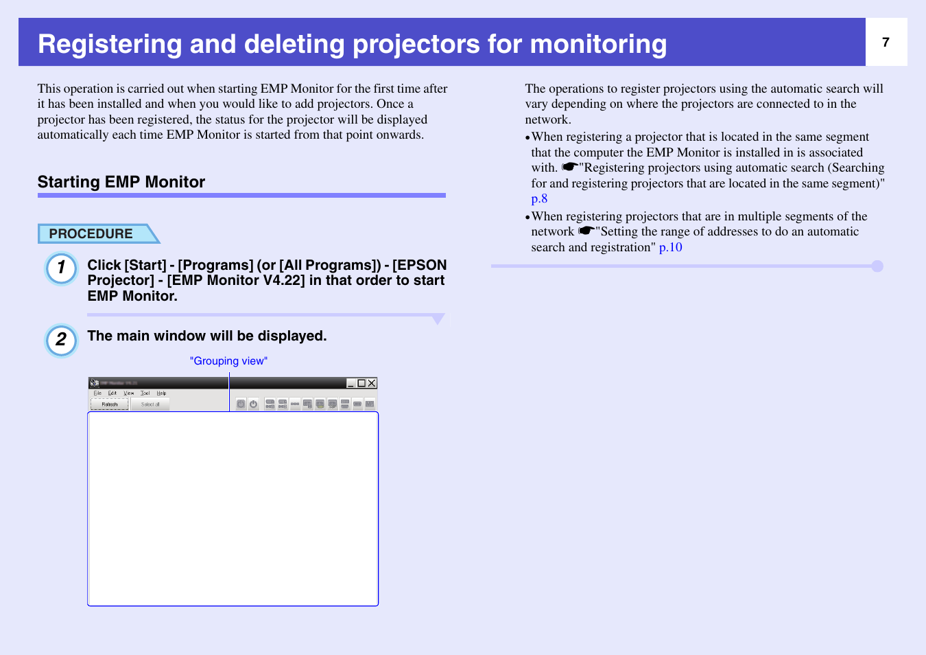 Registering and deleting projectors for monitoring, Starting emp monitor | Epson V4.22 User Manual | Page 8 / 36