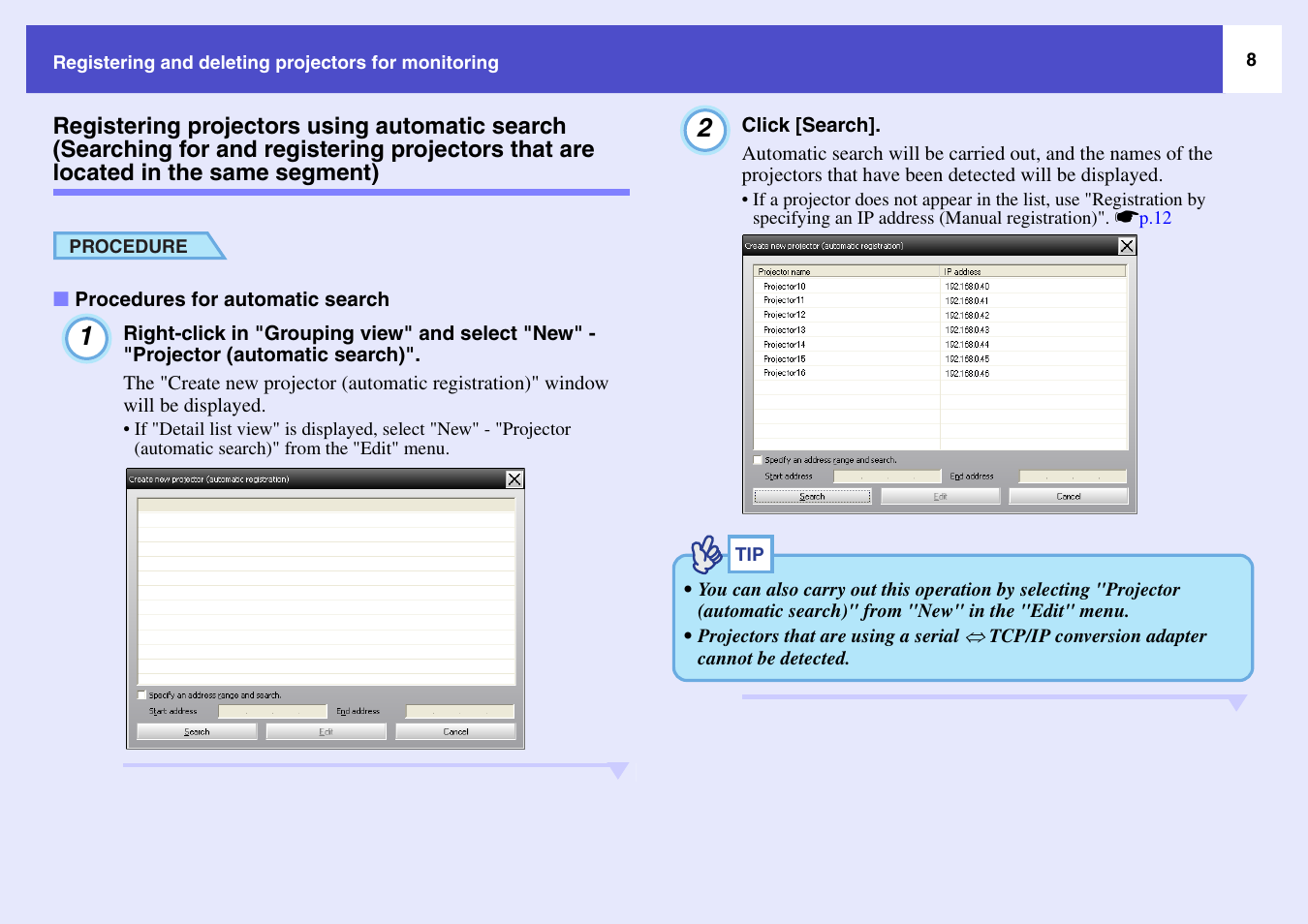 Registering projectors using automatic search, Procedures for automatic search | Epson V4.22 User Manual | Page 9 / 36