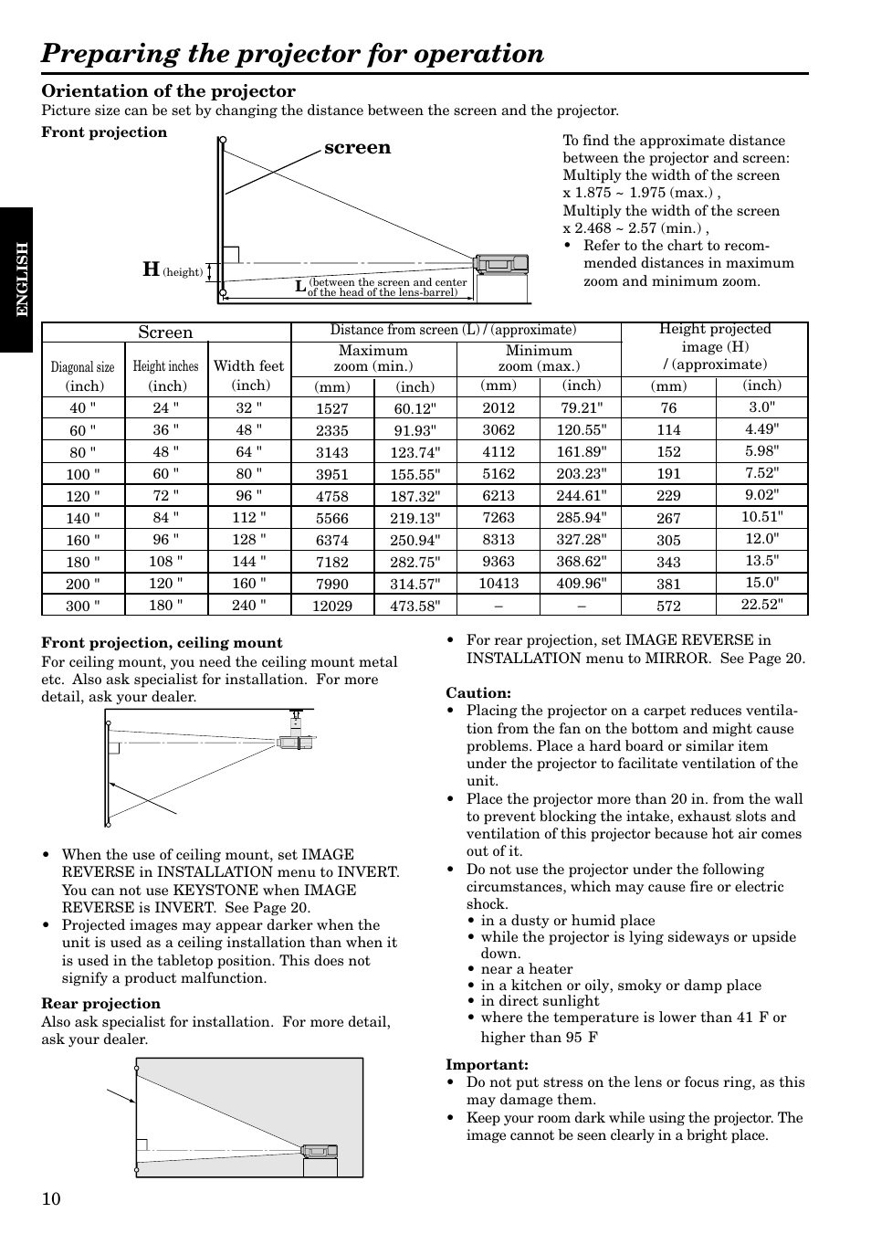 Preparing the projector for operation, Screen | Epson LVP-X200A User Manual | Page 10 / 45