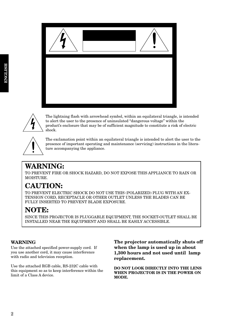 Caution, Warning | Epson LVP-X200A User Manual | Page 2 / 45