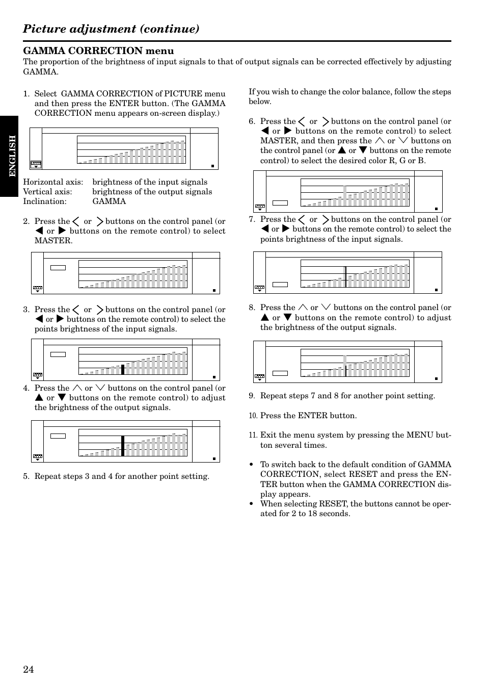 Picture adjustment (continue), Gamma correction menu, English | Epson LVP-X200A User Manual | Page 24 / 45