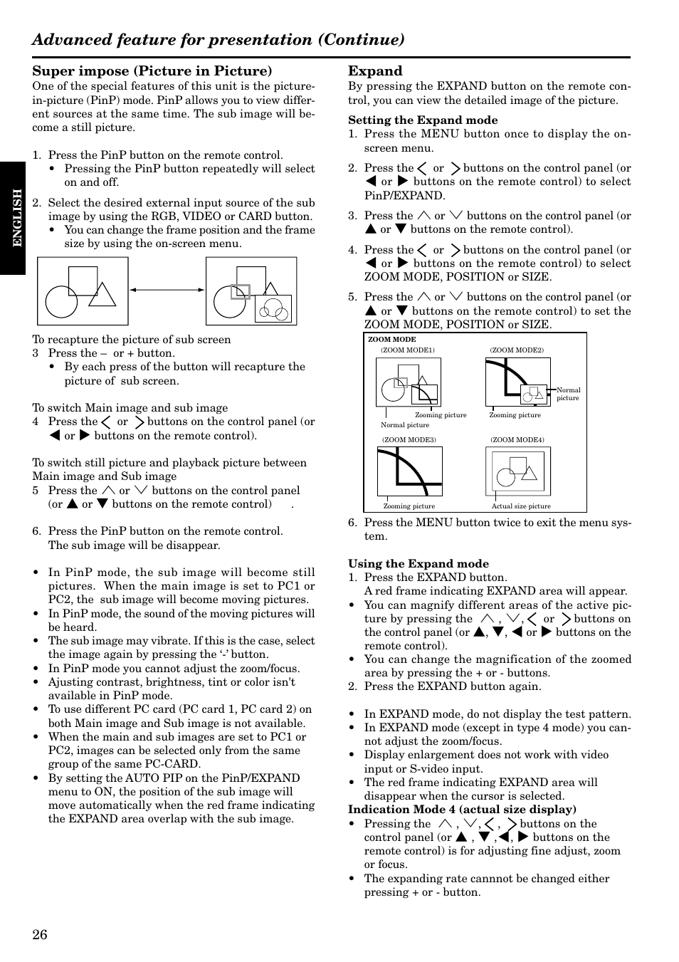 Advanced feature for presentation (continue), Expand, Super impose (picture in picture) | Epson LVP-X200A User Manual | Page 26 / 45