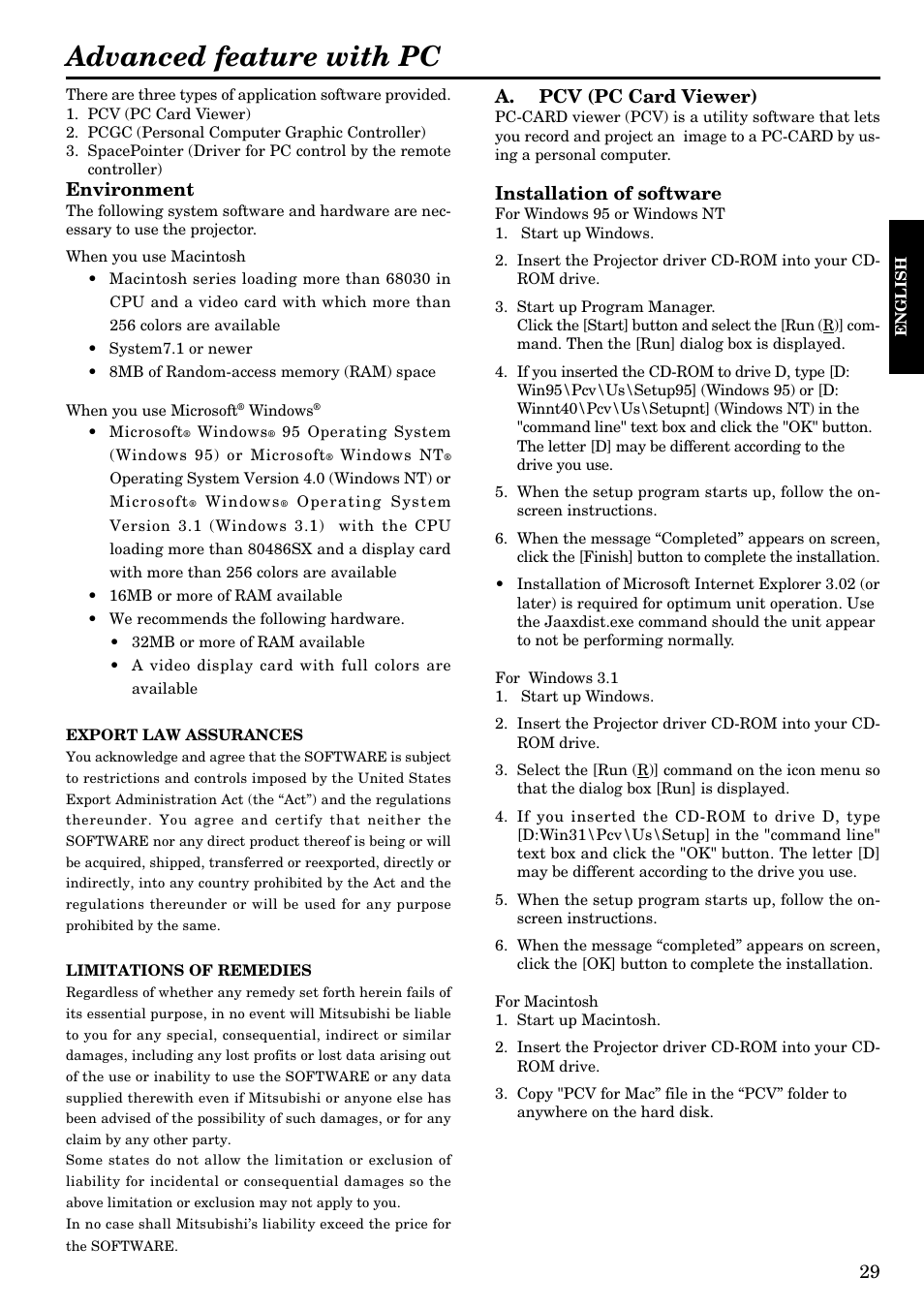 Advanced feature with pc, Environment, A. pcv (pc card viewer) | Installation of software | Epson LVP-X200A User Manual | Page 29 / 45