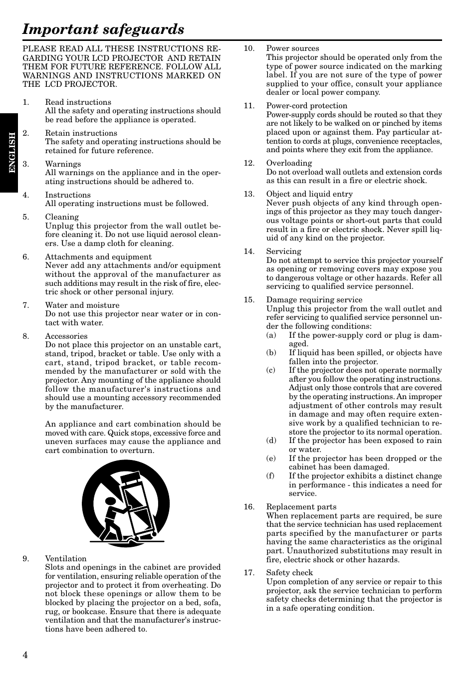Important safeguards | Epson LVP-X200A User Manual | Page 4 / 45