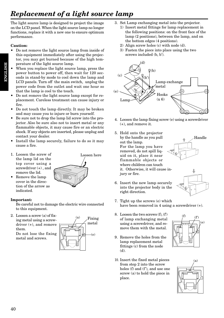 Replacement of a light source lamp | Epson LVP-X200A User Manual | Page 40 / 45
