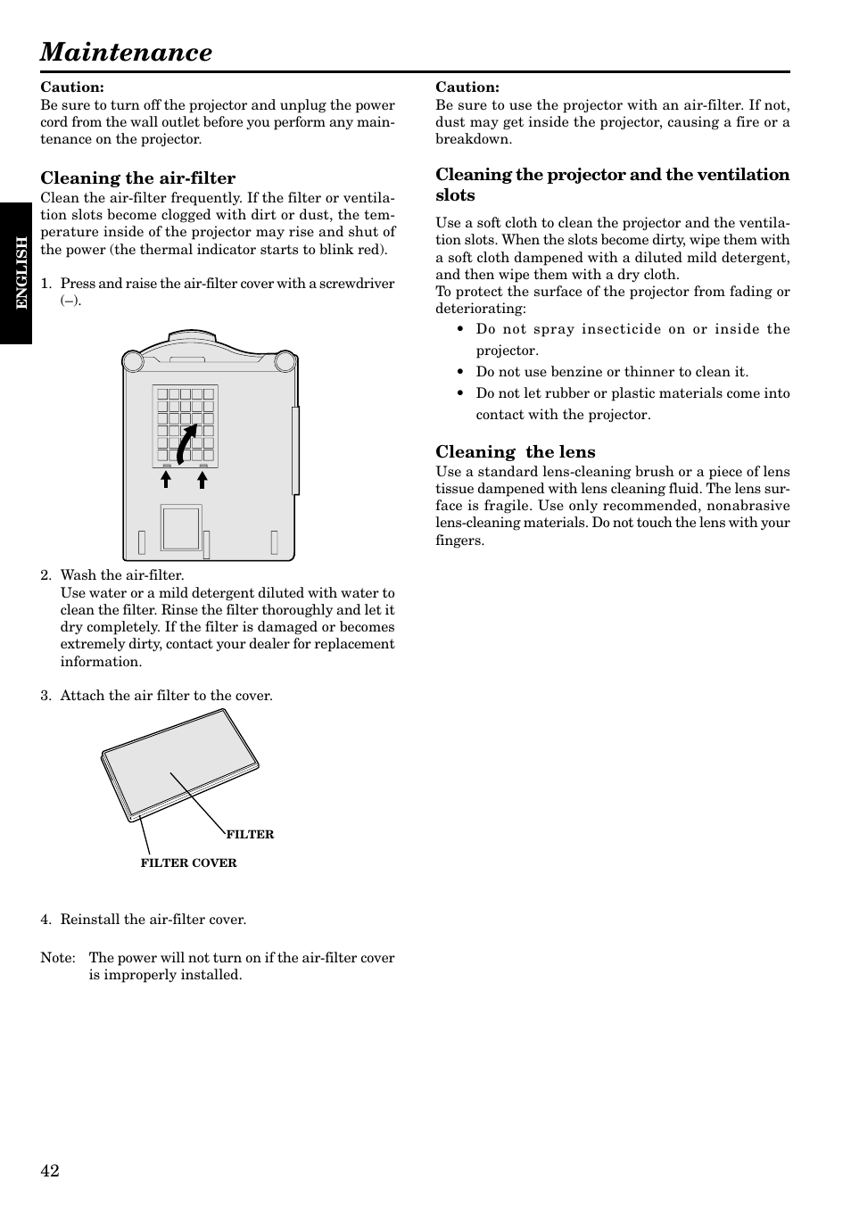 Maintenance | Epson LVP-X200A User Manual | Page 42 / 45