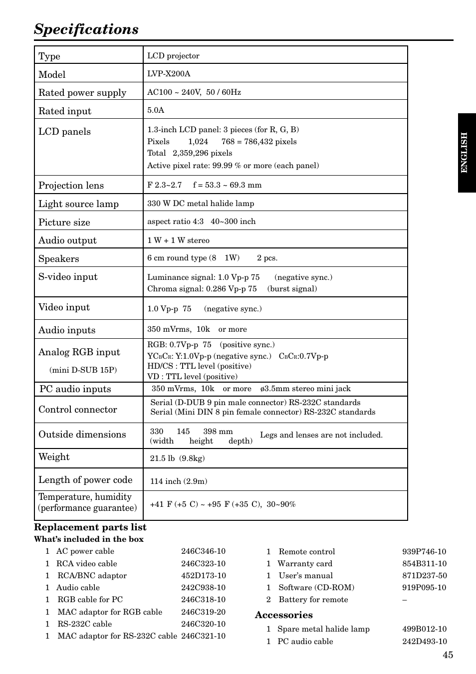 Specifications | Epson LVP-X200A User Manual | Page 45 / 45