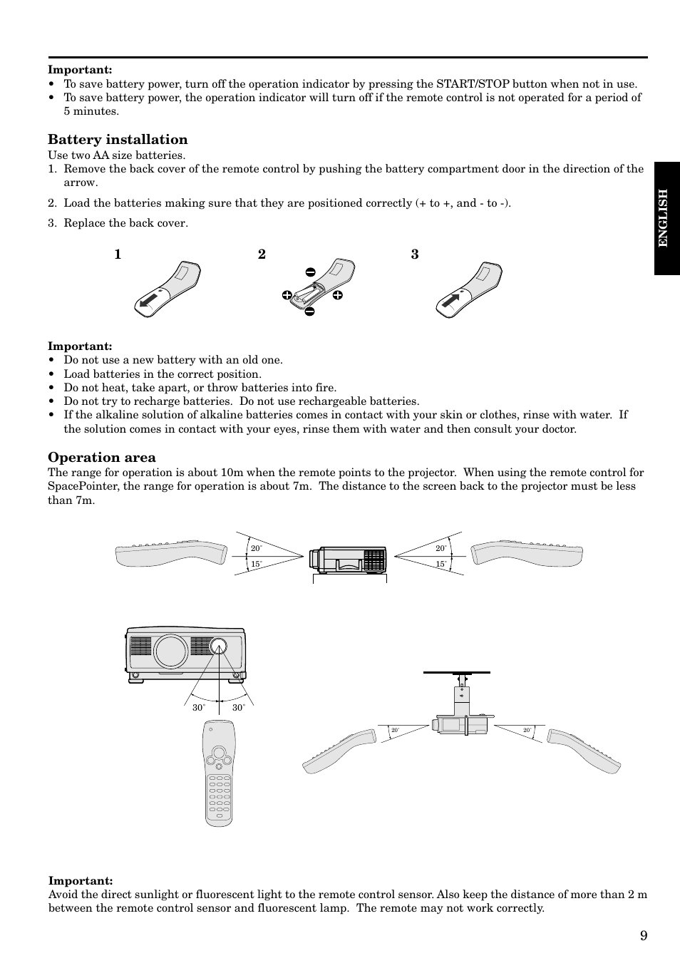 Battery installation, Operation area | Epson LVP-X200A User Manual | Page 9 / 45