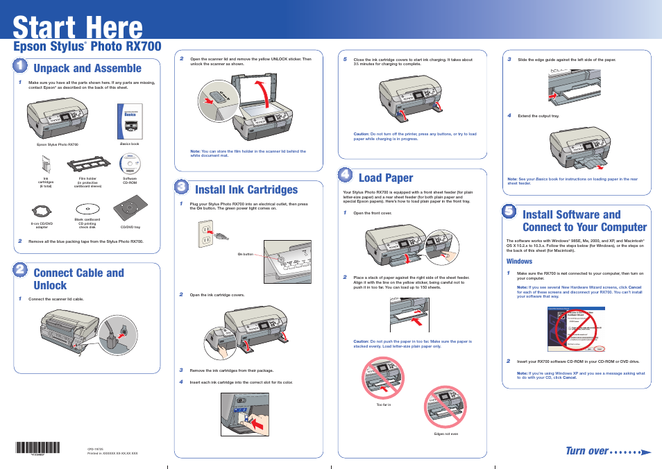 Install software and connect to your computer, Windows, Start here | Epson stylus, Photo rx700, Unpack and assemble turn over, Install ink cartridges, Load paper, Connect cable and unlock | Epson Stylus Photo RX700 User Manual | Page 4 / 8