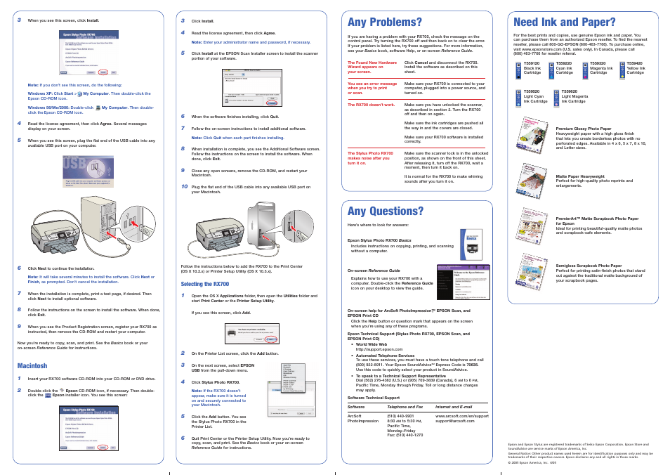 Any problems, Any questions, Need ink and paper | Continue, Macintosh | Epson Stylus Photo RX700 User Manual | Page 7 / 8